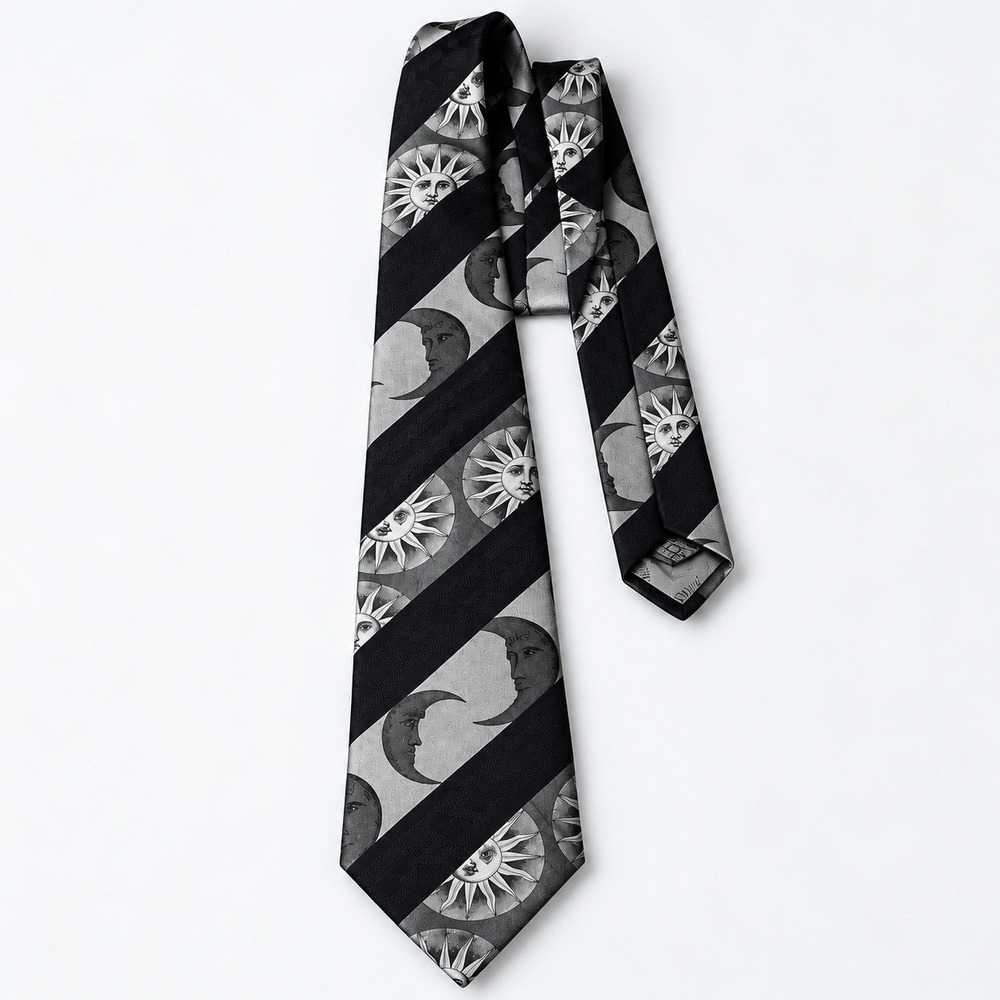 Fornasetti Milano Soli e Lune Sun Moon Silk Tie Black Silver Italy Vintage Rare